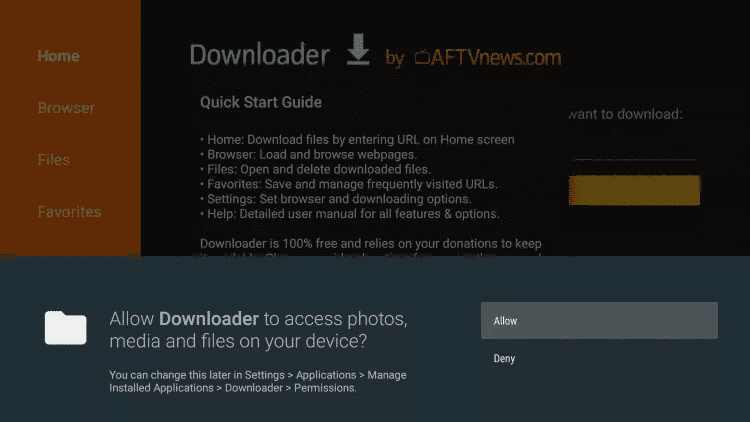 Downloader asking for file access permission on Firestick
