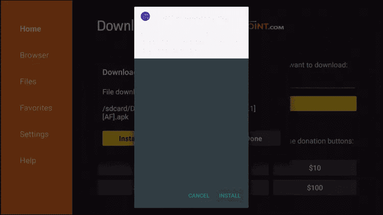 Android install prompt for the IPTV Smarters Pro APK on a Fire TV Stick